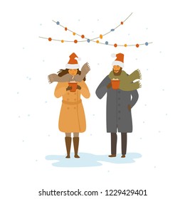 man and woman drinking hot mulled wine outdoors, winter christmas time isolated vector illustration scene