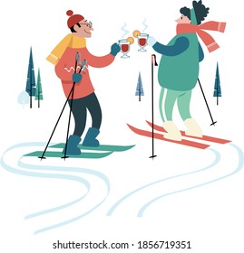 Man and woman drinking hot mulled wine while skiing in winter, EPS 8 vector illustration