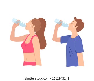 Man and woman drinking from plastic bottle in sport wear attire. Feeling refresh after doing exercise. Drink clip art. Flat vector isolated on white background.