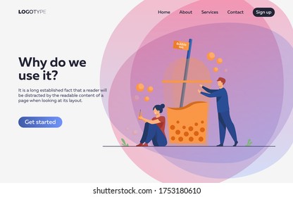 Man and woman drinking takeaway bubble tea. People with disposal transparent glass of cold milk boba beverage. Vector illustration for summer, refreshment, coffee shop concept