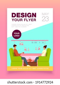 Man and woman drinking tea on cafe. Glass, armchair, cup flat vector illustration. Leisure and urban lifestyle concept for banner, website design or landing web page