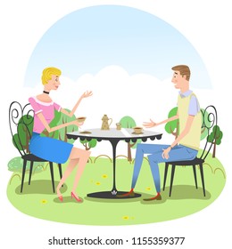 Man and woman drinking tea in outdoor cafe (vector illustration)