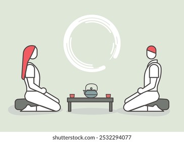 A man and a woman drinking tea in traditional japanese zen style. Sitting in a zafu. Vector illustration in minimal line style.