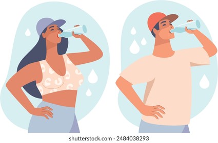 Hombre y mujer bebiendo agua de botellas. Manténgase hidratado concepto. Caracteres de Vector en estilo plano