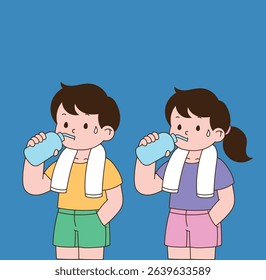 A man and a woman drinking water wiping their sweat after a workout. minimal line illustration.