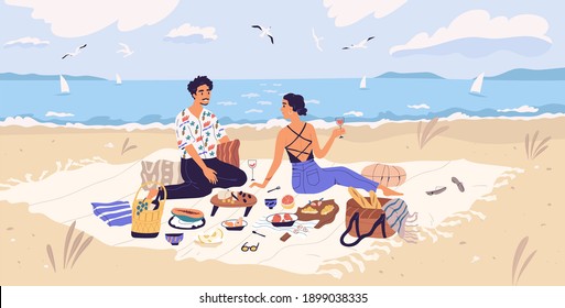 Man and woman drinking wine and eating at seaside. Happy young couple spending summertime together on picnic on sandy beach. People flirting and enjoying outdoor date. Flat vector illustration