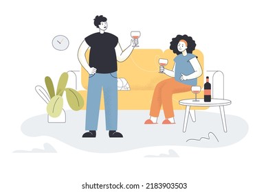 Man and woman drinking wine at home flat vector illustration. Couple having date or romantic dinner. Love, romance, relationship concept for banner, website design or landing web page
