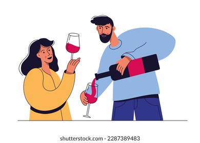 Man and woman drinking wine. party or love meeting. Romantic date. Wine lovers concept. Vector illustration