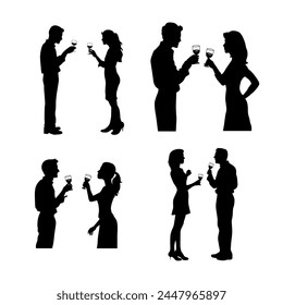 Man and woman drinking wine together. Business people meeting and drinking wine vector silhouette isolated on white