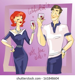 Man and woman drinking wine, vector sketch