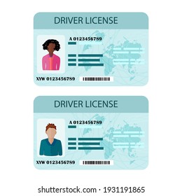 Man and woman driver license isolated on white background. Driver license plastic card template. Identity, ID or identification card, identity verification, person data. Stock vector illustration