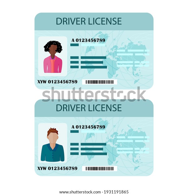 Man and woman driver license isolated on
white background. Driver license plastic card template. Identity,
ID or identification card, identity verification, person data.
Stock vector illustration