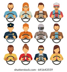 Man and woman drivers vector flat icons
