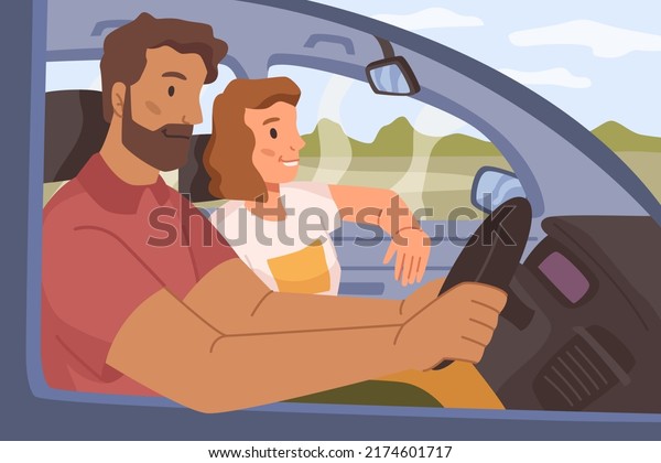 Man\
and woman driving in car, couple in road trip on holidays or\
vacation. Family traveling, male personage by steering wheel,\
weekend together. Vector illustration, flat\
cartoon