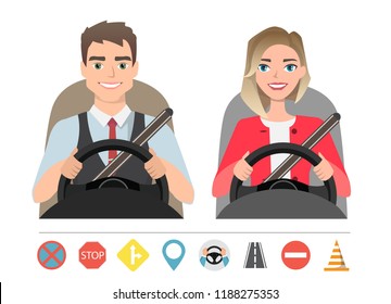 Man and woman driving a car. Silhouette of a woman and a man who sit behind the wheel