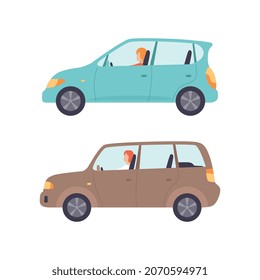 Man and Woman Driving Car Sitting at Driver Seat of Motor Vehicle Vector Set