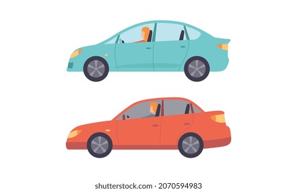 Man and Woman Driving Car Sitting at Driver Seat of Motor Vehicle Vector Set