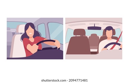 Man and Woman Driving Car Sitting at Driver Seat of Motor Vehicle Holding Hands on Steering Wheel Inside View Vector Set