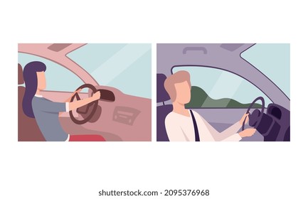 Man and Woman Driving Car Sitting at Driver Seat of Motor Vehicle Holding Hands on Steering Wheel Inside View Vector Set