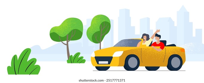 Hombre y mujer que conducen en coche en verano contra el telón de fondo del paisaje urbano. Vector plano