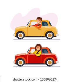 Man and woman driving cars. Red and yellow autos. Happy person in retro transport. illustration for rent, driving school, sale dealership.