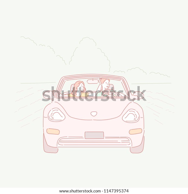 A man and a woman are\
driving a country road by car. hand drawn style vector design\
illustrations.