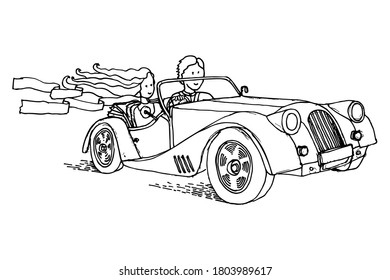 Ein Mann und eine Frau fahren ein altes Auto. Modernes Fahrzeugdekor aus der Vergangenheit. Reisen. Retro, Vintage, Doodle-Stil, handgezeichnet, Vektorgrafik