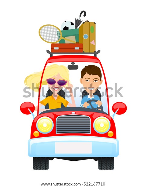 Man and woman\
driving in red car, a happy family travel in a car , the family go\
out of town for a\
vacation.
