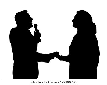 Man And Woman Duet Opera Singers Love Song With Microphone Silhouette