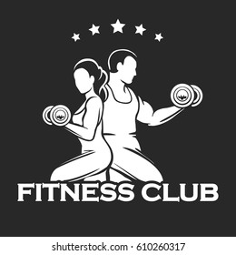 Man and woman with dumbbells. Athletic or fitness club design template. Vector illustration