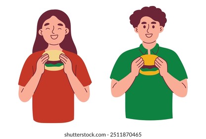 Homem e mulher estão comendo hambúrguer fast food