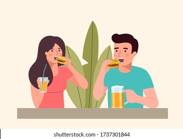 Man and woman eating burgers isolated. Vector flat illustration