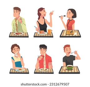 Man and Woman Eating Delicious Meal from Plate Sitting at Table with Checkered Tablecloth Vector Set