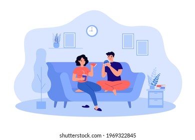 Man and woman eating junk food at home. Young couple sitting on couch and enjoying tasty pizza. Flat vector illustration. Fast food, relationship concept for banner, website, landing page