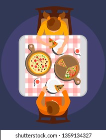 Man and Woman Eating Meal Flat Vector Illustration. Couple on Romantic Date in Restaurant. Friends Cartoon Characters at Lunch Break in Pizzeria. Pepperoni Pizza on Wooden Board Top View