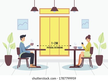 Man And Woman Eating On Table At Restaurant. Physical Distancing Concept Protection. Prevention Of Coronavirus Covid-19. Vector Illustration. Flat Design