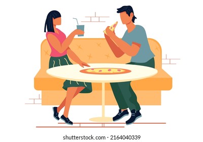 Man and woman eating pizza in Pizzeria cafe or fast food restaurant, flat vector illustration isolated on white background. Dating and leisure, spare time and weekend.