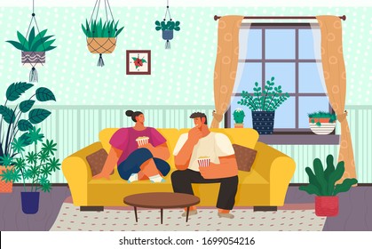 Man and woman eating popcorn at home and talking. Living room of young couples house. Characters spending weekends together. Sofa and decorative plants, window with curtains vector in flat style
