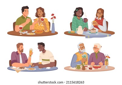 Man and woman eating in restaurant or cafe, people on romantic date. Vector couple of hetero and lesbian guy. Youth and senior personages. Love and emotions feelings. Flat cartoon style character