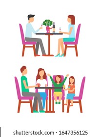 Man and woman eating in rich restaurant vector, table with vase and flowers, champagne bottle and romantic atmosphere. Family child eating ice cream