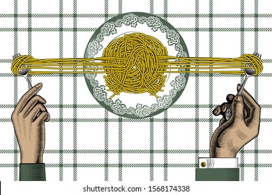 Man and woman eating spaghetti. Poster for Italian restaurant. The theme for the menu. Vintage engraving stylized drawing. Vector illustration