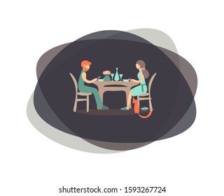 A man and a woman are eating at the table. Multicolored vector isolated illustration.