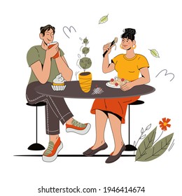Man and woman  eating together in restaurant or cafe, flat cartoon vector illustration isolated on white background. People dining outdoor, sitting at table and enjoying food.