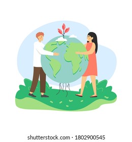 Man and woman, ecologists holding globe with sprouting plant, flat vector illustration. People taking care of planet Earth ecology. Global environmental protection, save planet, Earth Day celebration.