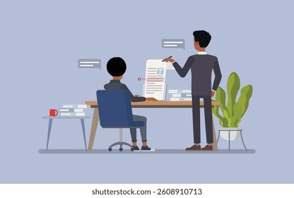 Man and woman editing a document on a computer using professional text editing software. Character vector illustration design.