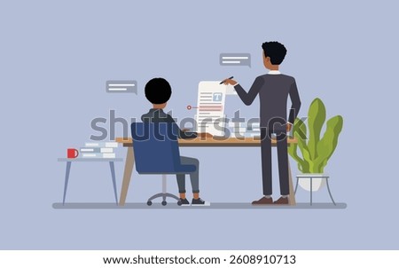 Man and woman editing a document on a computer using professional text editing software. Character vector illustration design.