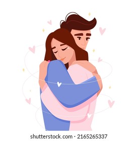 Man and woman are embracing. Couple in love. Happy family of husband and wife. Cartoon characters. Vector illustration.