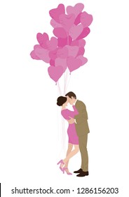 Man and woman embracing each other affectionately. Woman holding balloon heart and smily at her man. Sweet couple vector style in white background