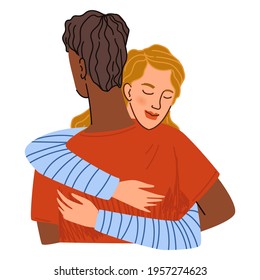 Hombre y mujer abrazándose. Carácter masculino y femenino de diferentes razas en el amor, novio y novia en citas. Devoción o verdadera amistad, relación cálida. Vector de estilo plano