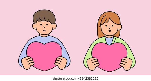 Man and Woman Embracing a Heart. Simple Style Vector illustration.